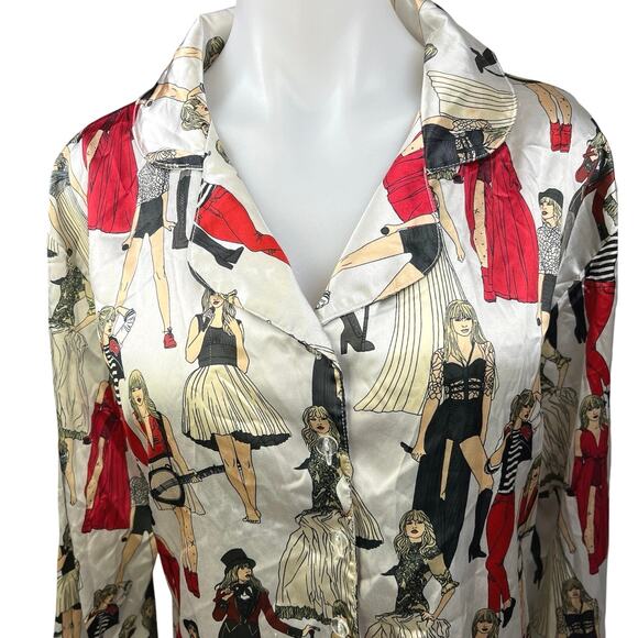 Taylor Swift Eras Tour Multicolor Silk Satin Button Up Long Sleeve Pajama Top M - Picture 3 of 6